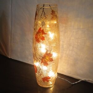 Autumn Leaf Glass Vase with Lights Pre Lit Hurricane